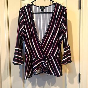 I.N. San Francisco Striped 3/4 Sleeve Wrap-around w/elastic waist & tie XL